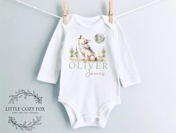 Woodland Baby Shower Gift Custom Wolf Onesie® Personalized Howling Wolf Bodysuit Forest Animal Baby Outfit Rustic Newborn Clothes - Image 4