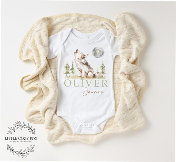 Woodland Baby Shower Gift Custom Wolf Onesie® Personalized Howling Wolf Bodysuit Forest Animal Baby Outfit Rustic Newborn Clothes