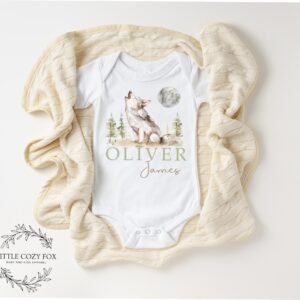 Woodland Baby Shower Gift Custom Wolf Onesie® Personalized Howling Wolf Bodysuit Forest Animal Baby Outfit Rustic Newborn Clothes