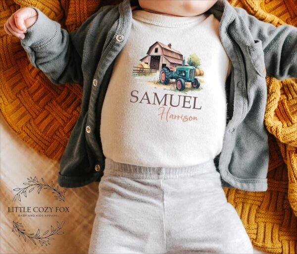 Personalized Farmhouse Tractor Baby Onesie® Custom Name Unique Newborn Gift
