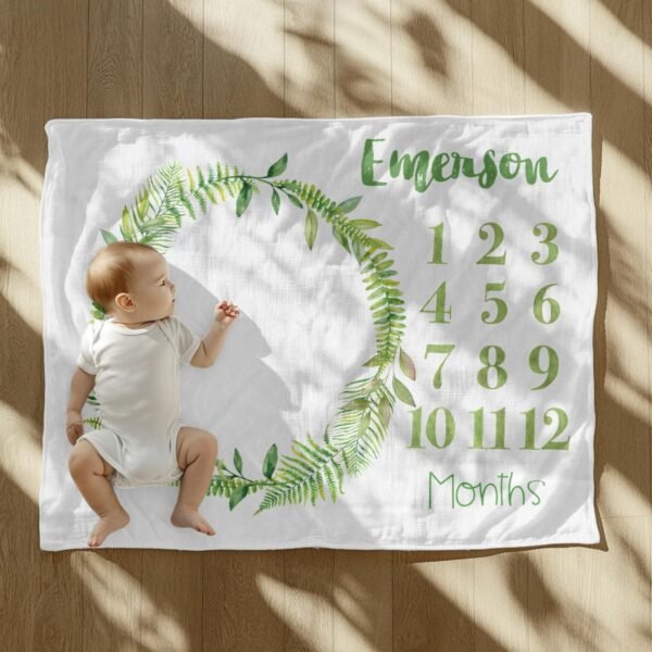 Personalized Greenery Wreath Baby Milestone Blanket Custom Name Baby Monthly Photoshoot Keepsake - Image 8