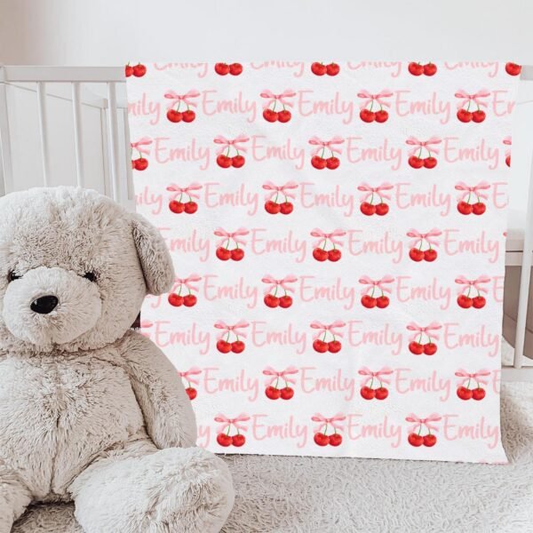 Personalized Cherry Pattern Baby Blanket Pink Coquette Bow Custom Name Stylish Gift - Image 2