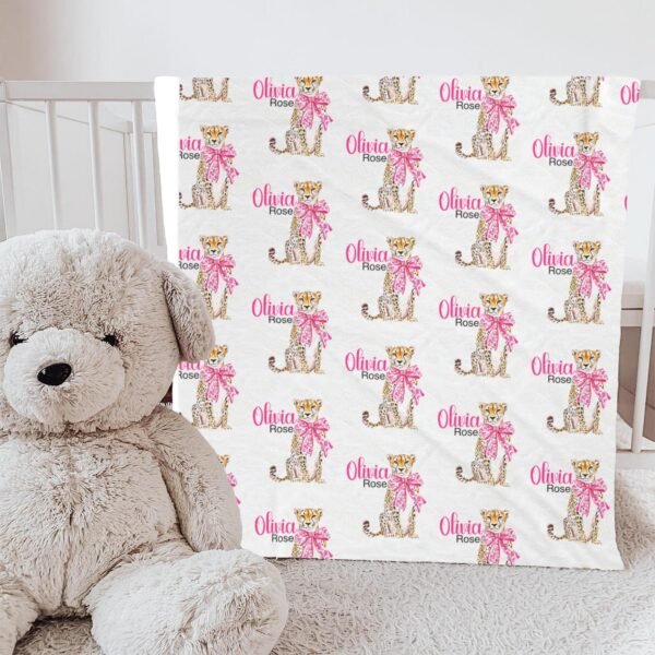 Personalized Baby Blanket Cheetah Gift Design Custom Name Cozy Nursery Bedding Gift Animal Theme Nursery - Image 2