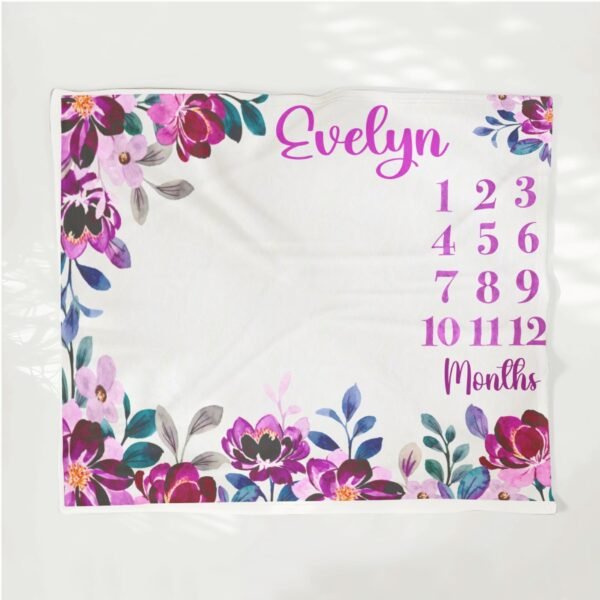 Personalized Baby Milestone Blanket Purple Floral Design Newborn Monthly Photography Prop - Image 4
