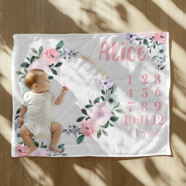 Personalized Girly Baby Milestone Blanket Floral Wreath Design Newborn Monthly Photography Prop - Image 2