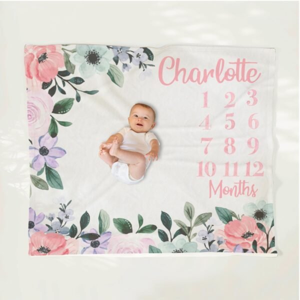 Personalized Floral Baby Milestone Blanket Custom Name Pink Green Purple Photography Prop Baby Shower Gift - Image 7