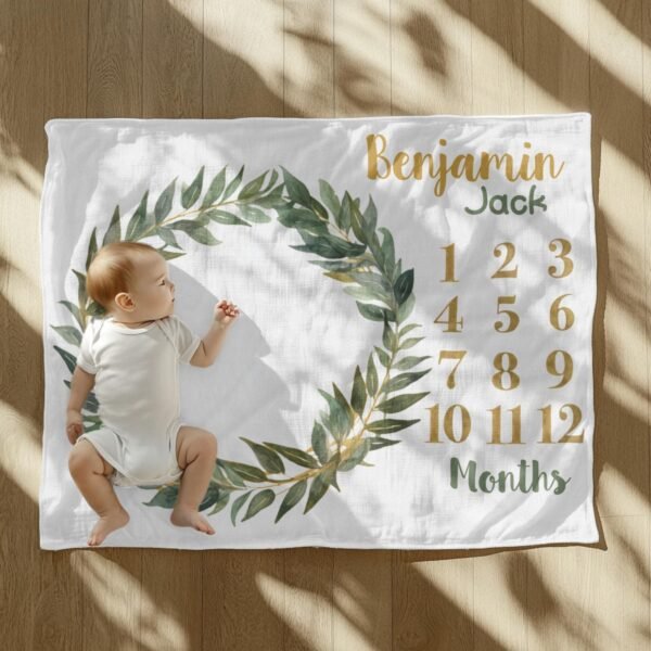 Leafy Wreath Personalized Baby Milestone Blanket Design Photo Prop Baby Shower Gift - Image 4