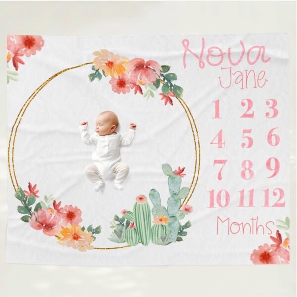 Custom Floral Cactus Baby Milestone Blanket Personalized Monthly Photo Prop Newborn Gift - Image 8