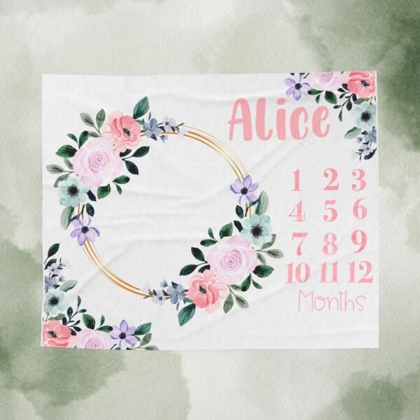 Personalized Girly Baby Milestone Blanket Floral Wreath Design Newborn Monthly Photography Prop - Image 10