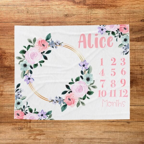 Personalized Girly Baby Milestone Blanket Floral Wreath Design Newborn Monthly Photography Prop