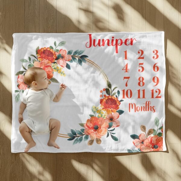 Baby Milestone Blanket Floral Wreath Design Personalized Name Custom Baby Growth Tracker - Image 4
