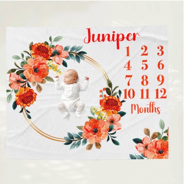Baby Milestone Blanket Floral Wreath Design Personalized Name Custom Baby Growth Tracker - Image 2