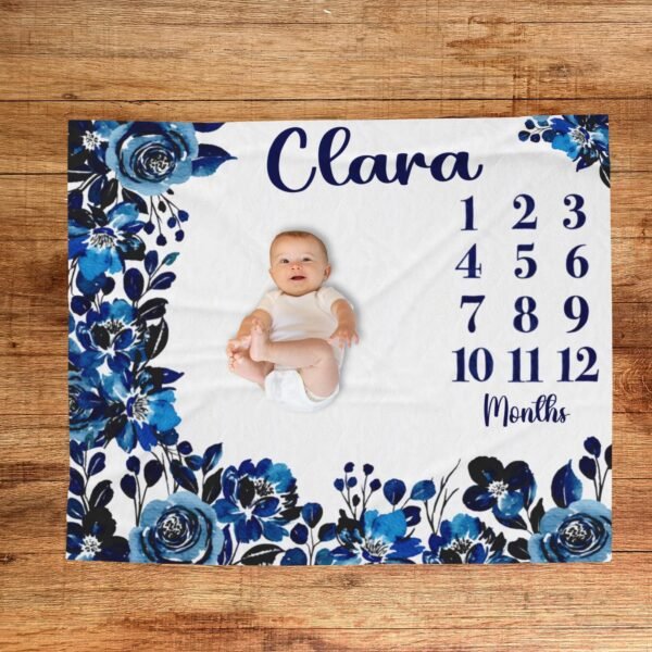 Blue Dark Floral Baby Milestone Blanket Custom Name Gothic Dark Blue Monthly Growth Tracker Personalized Girl Nursery Gift