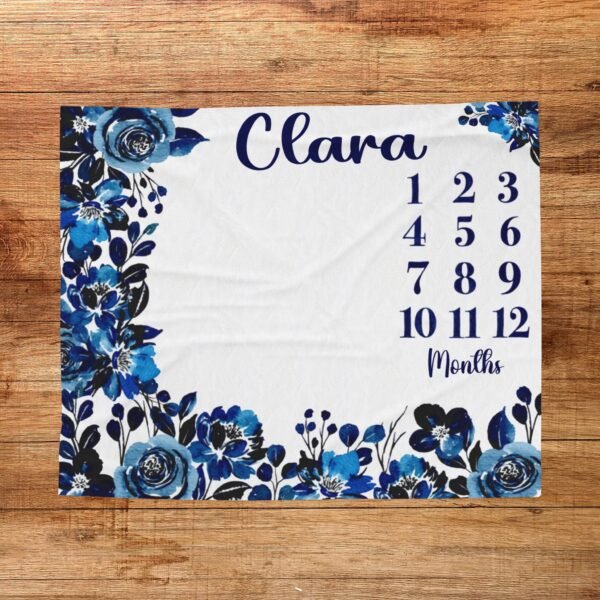 Blue Dark Floral Baby Milestone Blanket Custom Name Gothic Dark Blue Monthly Growth Tracker Personalized Girl Nursery Gift - Image 6