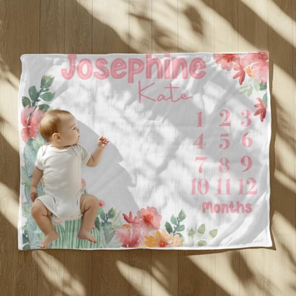Personalized Baby Milestone Blanket Western Girl Floral Cactus Design Custom Name Photo Prop - Image 4