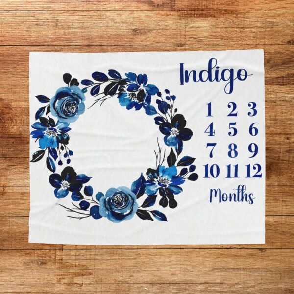 Dark Blue Floral Dark Floral Gothic Blue Monthly Personalized Baby Milestone Blanket Blue Floral Design