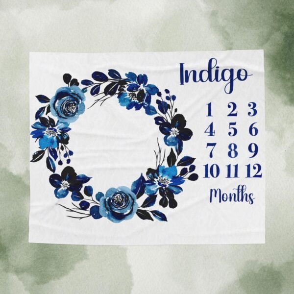 Dark Blue Floral Dark Floral Gothic Blue Monthly Personalized Baby Milestone Blanket Blue Floral Design - Image 10