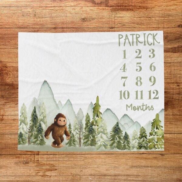 Personalized Bigfoot Forest Baby Milestone Blanket Outdoor Adventure Custom Keepsake