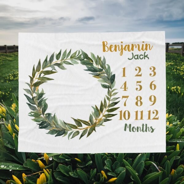 Leafy Wreath Personalized Baby Milestone Blanket Design Photo Prop Baby Shower Gift - Image 9