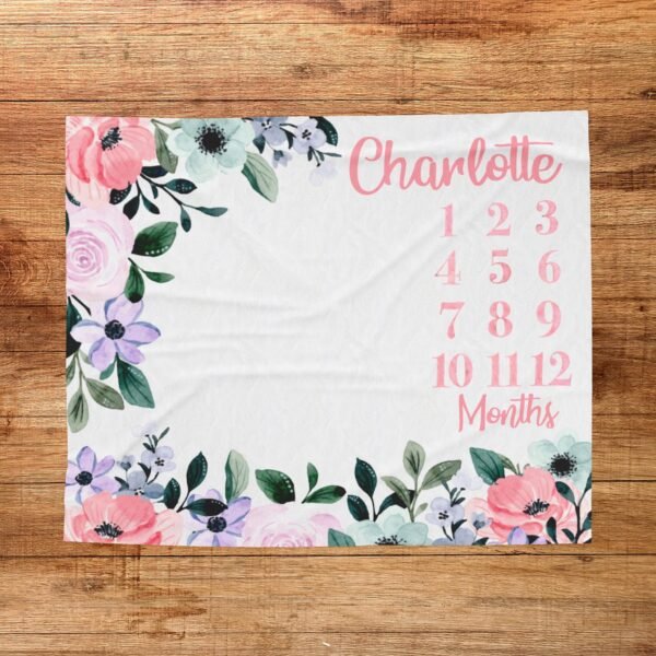 Personalized Floral Baby Milestone Blanket Custom Name Pink Green Purple Photography Prop Baby Shower Gift