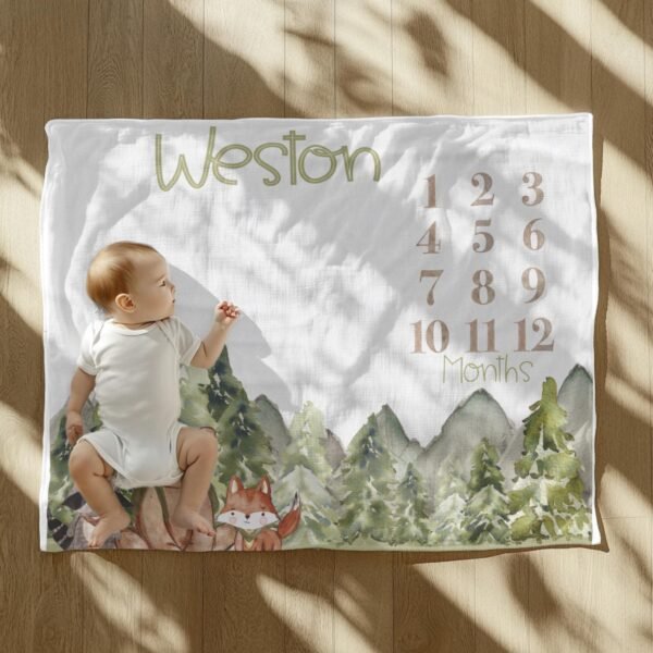 Woodland Baby Milestone Blanket Personalized Forest Animal Growth Tracker Keepsake - Image 2