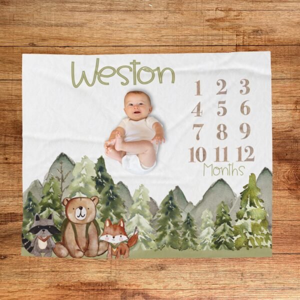 Woodland Baby Milestone Blanket Personalized Forest Animal Growth Tracker Keepsake
