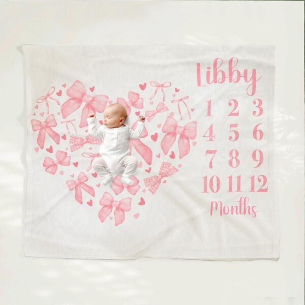 Monthly Milestone Baby Blanket Heart Shape Pink Bow Coquette Girl Photoshoot Prop - Image 6
