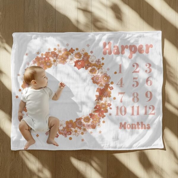 Floral Wreath Baby Milestone Blanket Personalized With Name Girl Milestone Monthly Tracker - Image 6