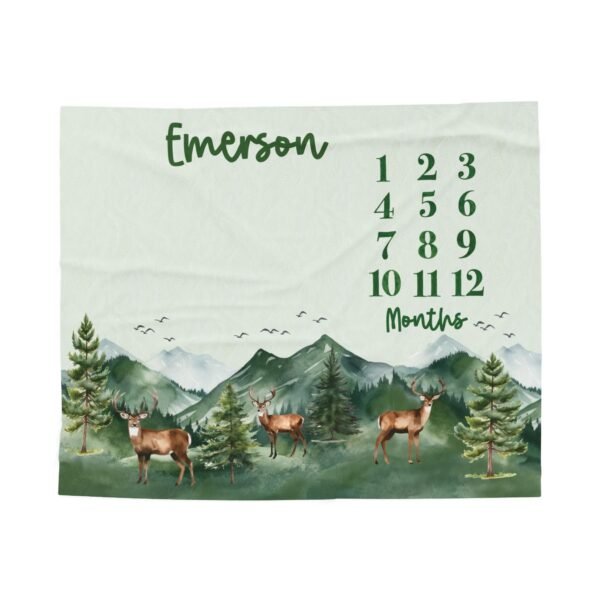 Custom Woodland Baby Milestone Blanket Mountain Forest Design Personalized Name Hunting Outdoors Nature Themed Nursery - Image 4