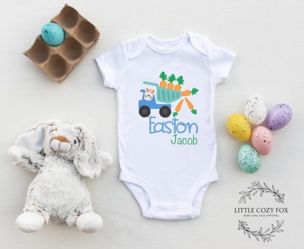 Personalized Easter Bunny Carrot Truck Baby Onesie® Bunny Whimsical Blue Truck Custom Name - Image 2