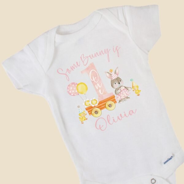 Some Bunny Is One Birthday Easter Onesie® Personalized First Birthday Outfit Custom Name Pastel Colors - Image 4