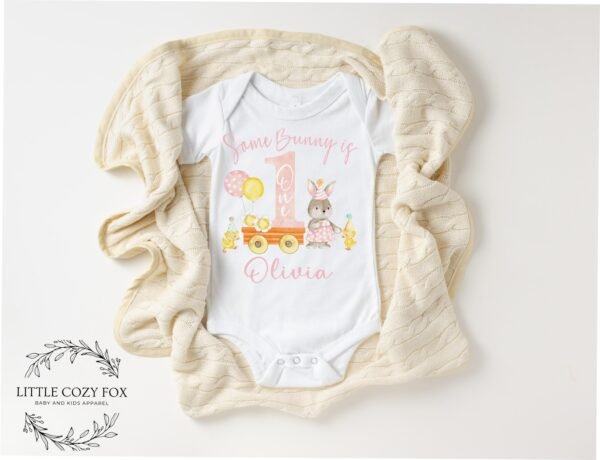 Some Bunny Is One Birthday Easter Onesie® Personalized First Birthday Outfit Custom Name Pastel Colors - Image 3