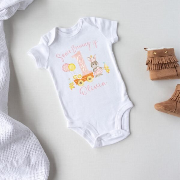 Some Bunny Is One Birthday Easter Onesie® Personalized First Birthday Outfit Custom Name Pastel Colors - Image 6