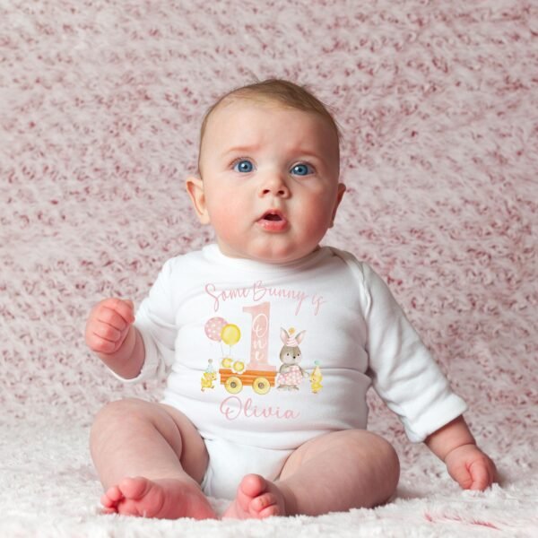Some Bunny Is One Birthday Easter Onesie® Personalized First Birthday Outfit Custom Name Pastel Colors - Image 2