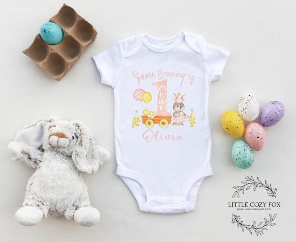Some Bunny Is One Birthday Easter Onesie® Personalized First Birthday Outfit Custom Name Pastel Colors