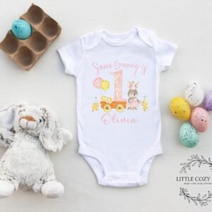 il_fullxfull.6743745319_qi91.jpg Some Bunny Is One Birthday Easter Onesie® Personalized First Birthday Outfit Custom Name Pastel Colors