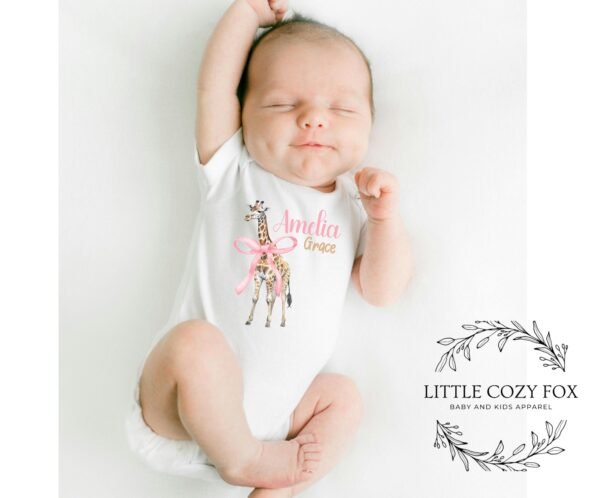 Personalized Giraffe Baby Onesie® Pink Coquette Bow Custom Name Gift Animal Print Baby Shower Present - Image 2
