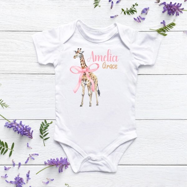 Personalized Giraffe Baby Onesie® Pink Coquette Bow Custom Name Gift Animal Print Baby Shower Present - Image 7