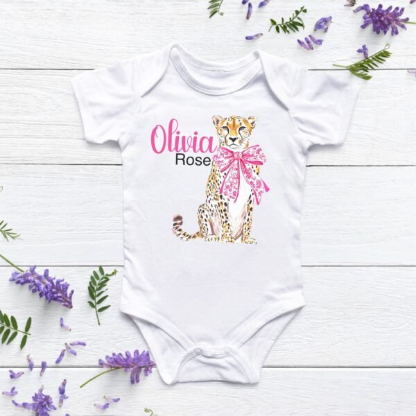 Personalized Baby Onesie® with Cheetah and Bow Design Animal Theme Baby Shower Gift - Image 3