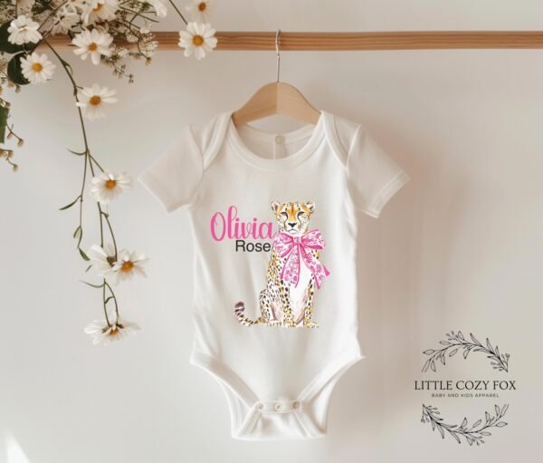 Personalized Baby Onesie® with Cheetah and Bow Design Animal Theme Baby Shower Gift - Image 2