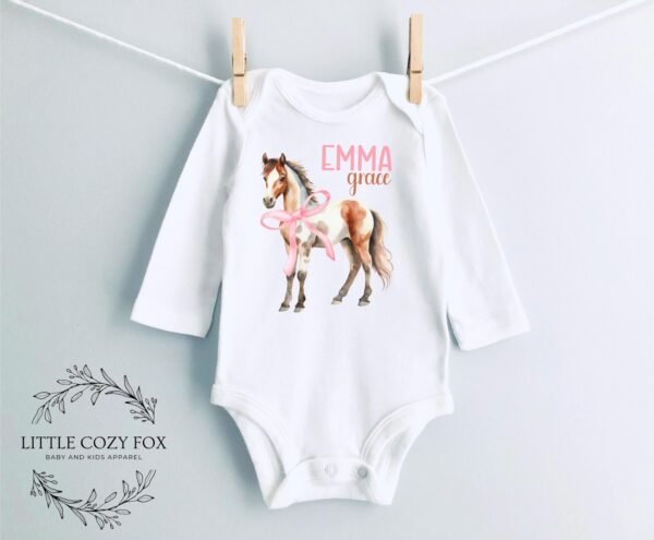 Personalized Horse Baby Onesie® Custom Baby Gift With Name Equestrian Coquette Bow Baby Outfit - Image 10