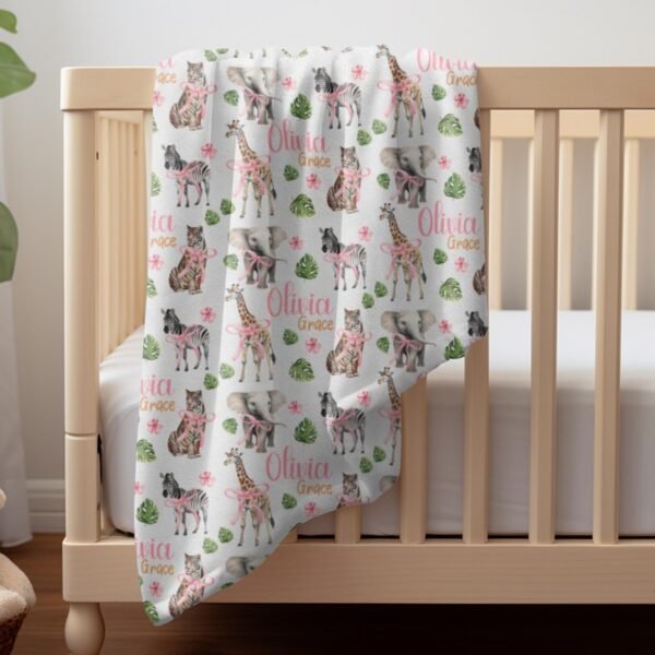 Zoo Animal Personalized Baby Safari Blanket Giraffe Elephant Pink Coquette Bow Custom Name Baby Shower Newborn Gift - Image 6