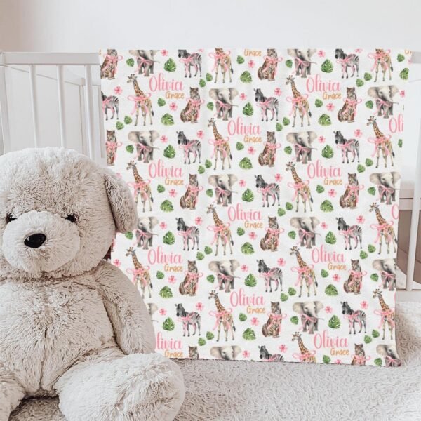 Zoo Animal Personalized Baby Safari Blanket Giraffe Elephant Pink Coquette Bow Custom Name Baby Shower Newborn Gift