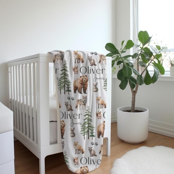 Woodland Animal Personalized Baby Blanket Forest Friends Fox Bear and Raccoon Design - Image 2
