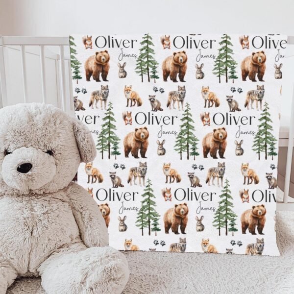 Woodland Animal Personalized Baby Blanket Forest Friends Fox Bear and Raccoon Design