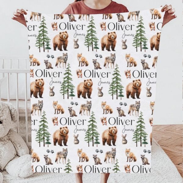 Woodland Animal Personalized Baby Blanket Forest Friends Fox Bear and Raccoon Design - Image 3