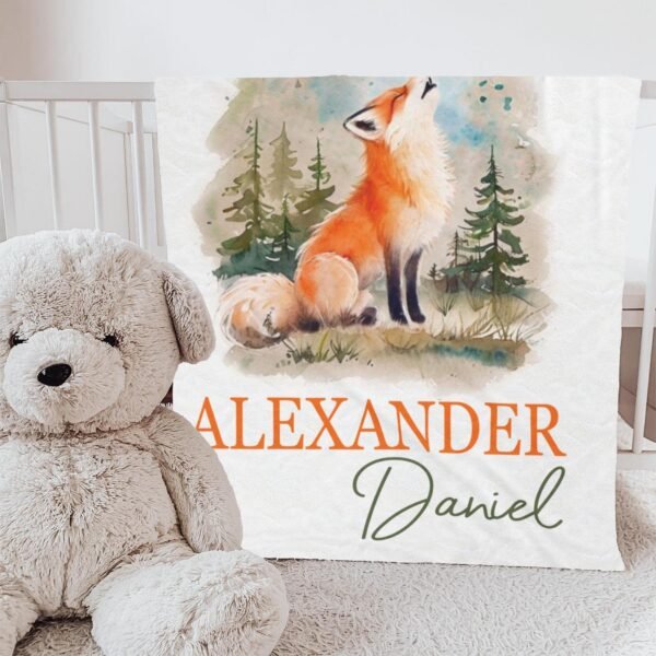 Fox Custom Name Baby Blanket with Personalized Forest Animal Theme Newborn Gift Watercolor Photoshoot Prop - Image 6