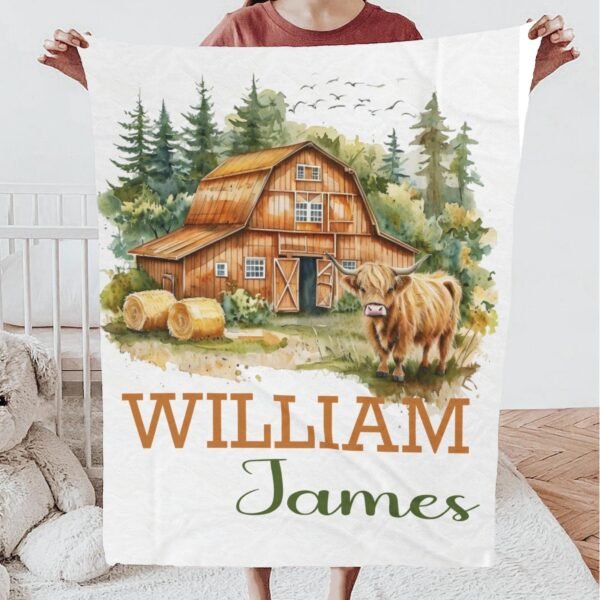 Personalized Farmhouse Baby Blanket with Name Rustic Barn Scene Theme Highland Cow Baby Shower Gift - Image 4