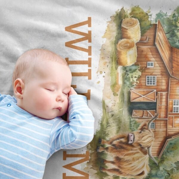 Personalized Farmhouse Baby Blanket with Name Rustic Barn Scene Theme Highland Cow Baby Shower Gift - Image 10