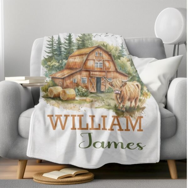 Personalized Farmhouse Baby Blanket with Name Rustic Barn Scene Theme Highland Cow Baby Shower Gift - Image 2